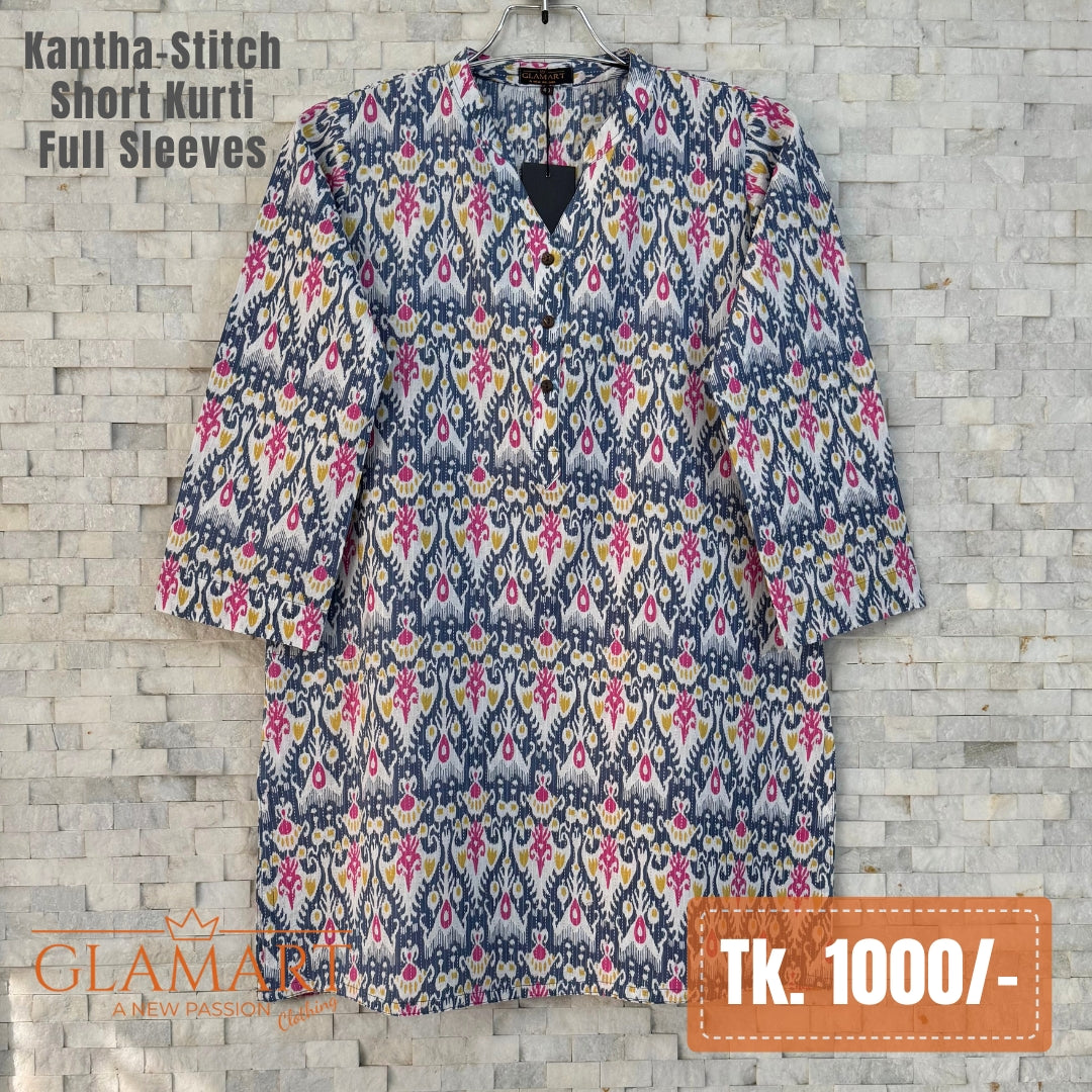 Kantha-Stitch Full Sleeve Short Kurti - White Grey & Pink Ikat Print | SK0092