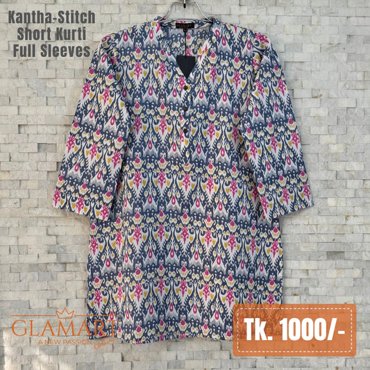 Kantha-Stitch Full Sleeve Short Kurti - White Grey & Pink Ikat Print | SK0092
