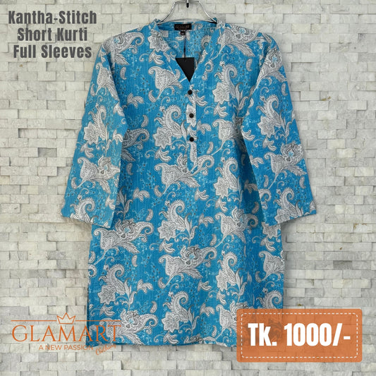Kantha-Stitch Full Sleeve Short Kurti - Sky Blue & White Paisley Floral Print | SK0093