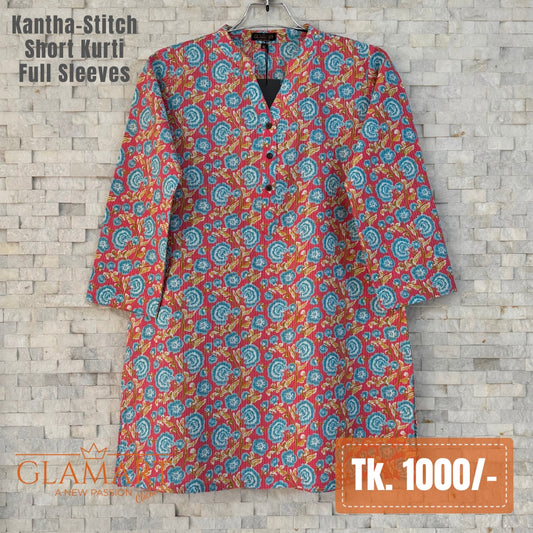 Kantha-Stitch Full Sleeve Short Kurti - Carrot Red & Blue Mini Floral Garden Print | SK0094