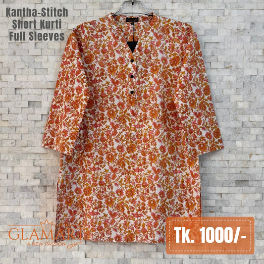 Kantha-Stitch Full Sleeve Short Kurti - Off-white & Orange Rust Floral Print | SK0095