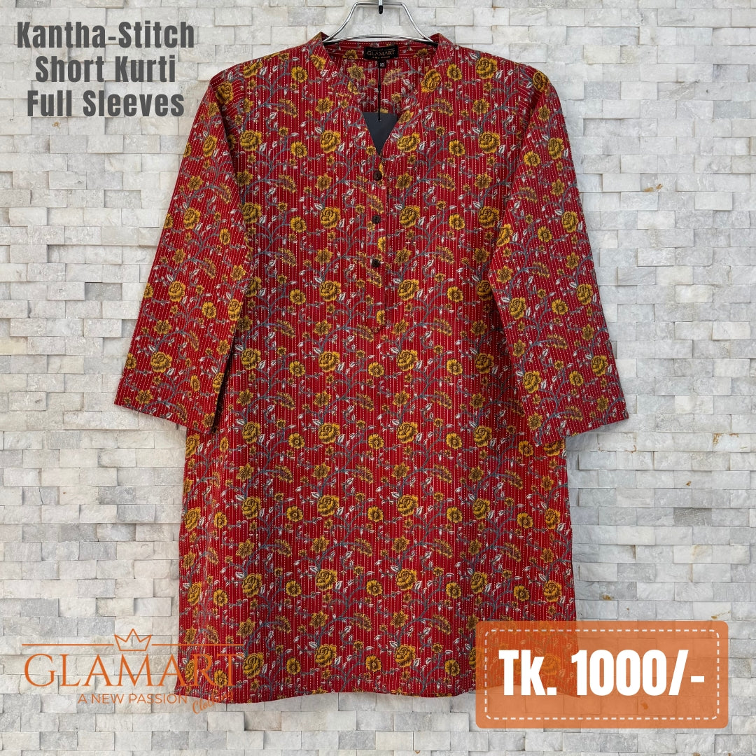 Kantha-Stitch Full Sleeve Short Kurti - Deep Red & Yellow Rose Vine Print | SK0097