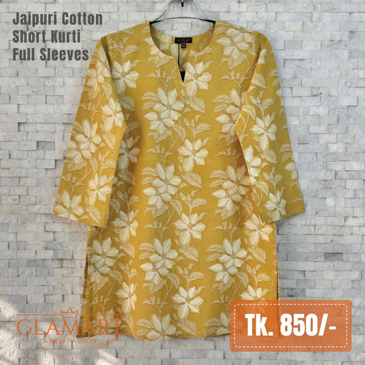 Jaipuri Cotton Full Sleeve Short Kurti - Mustard Yellow & Off-white Leafy Floral | SK0099