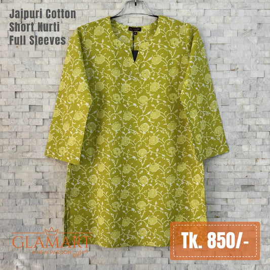 Jaipuri Cotton Full Sleeve Short Kurti - Lime Green & Cream Floral Vine Print | SK0101