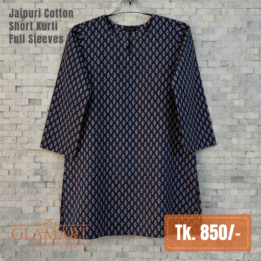 Jaipuri Cotton Full Sleeve Short Kurti - Navy Blue & Mini Floral Buti Print | SK0102