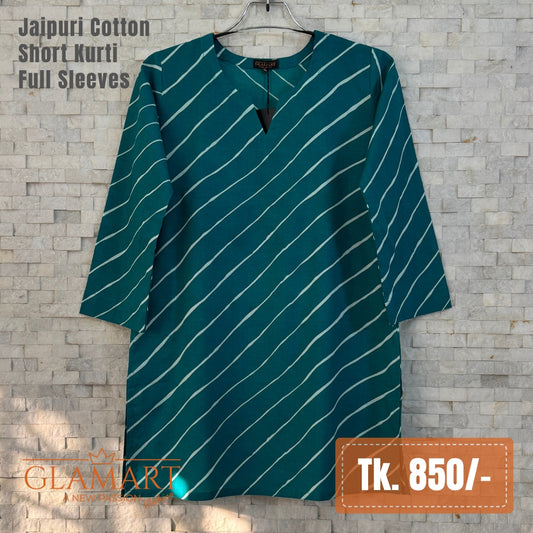 Jaipuri Cotton Full Sleeve Short Kurti - Teal Green Diagonal Stripe Print | SK0103