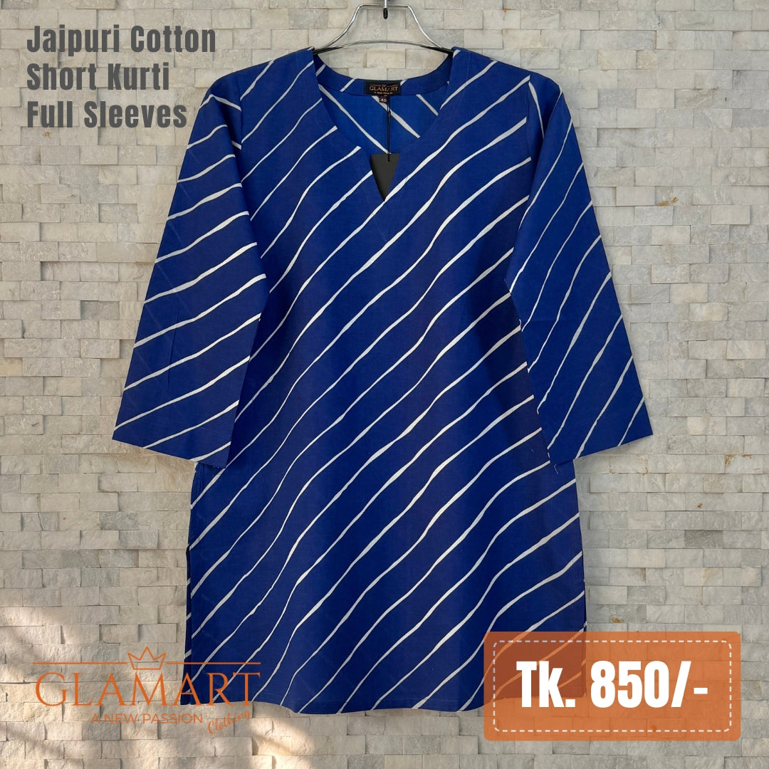 Jaipuri Cotton Full Sleeve Short Kurti - Blue Diagonal Stripe Print | SK0104