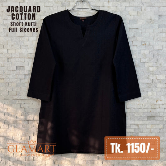 Jacquard Cotton Full Sleeve Short Kurti - Solid Black Textured | SK0105