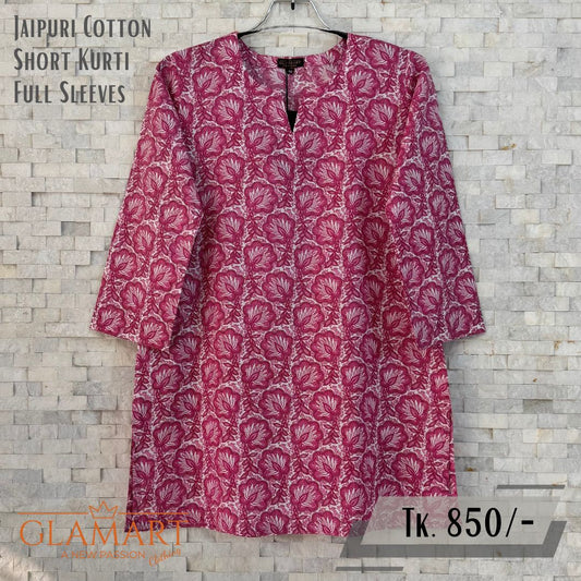 Jaipuri Cotton Full Sleeve Short Kurti - White & Reddish Pink Floral Print | SK0106