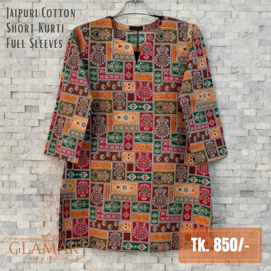 Jaipuri Cotton Full Sleeve Short Kurti - Multi-Color Patchwork Style | SK0107