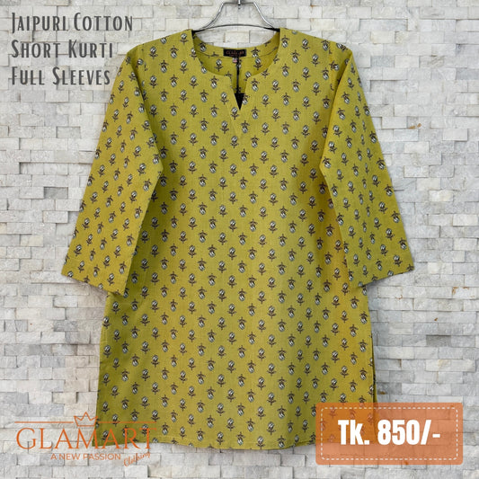 Jaipuri Cotton Full Sleeve Short Kurti - Pastel Olive Floral Print | SK0108