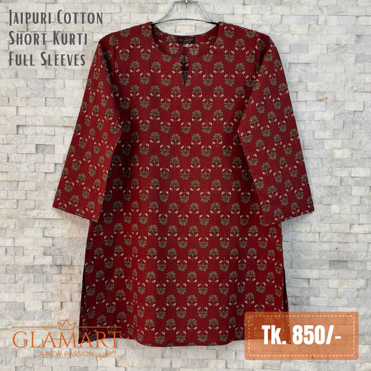Jaipuri Cotton Full Sleeve Short Kurti - Maroon Floral Print | SK0109