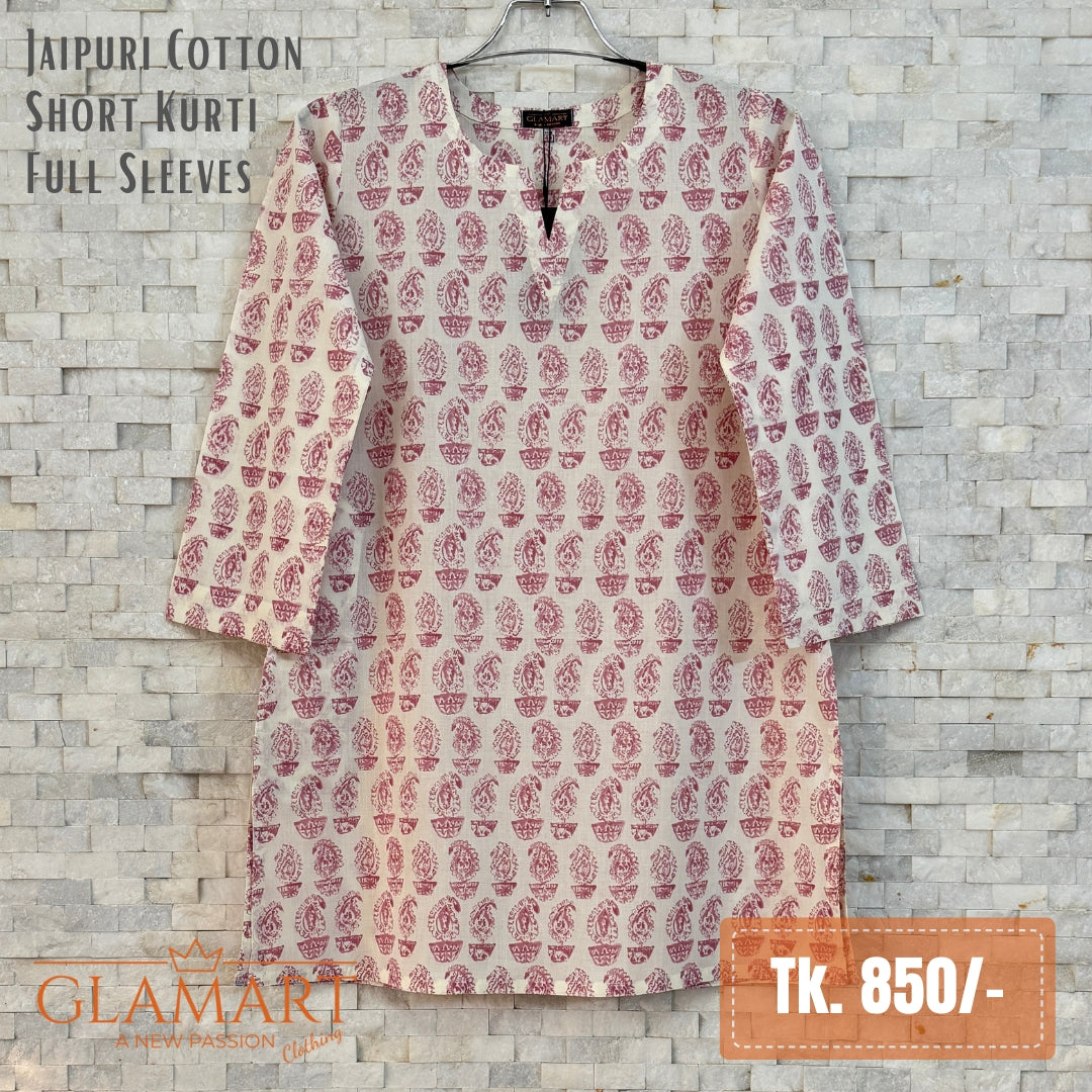 Jaipuri Cotton Full Sleeve Short Kurti - Off-White and Onion Paisley Print