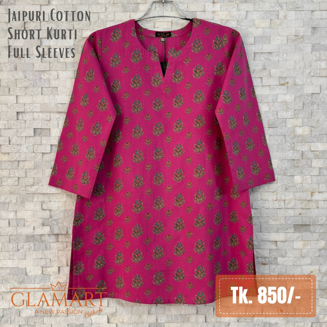 Jaipuri Cotton Full Sleeve Short Kurti - Deep Magenta Floral Print