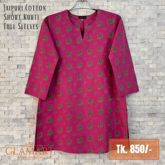 Jaipuri Cotton Full Sleeve Short Kurti - Deep Magenta Floral Print