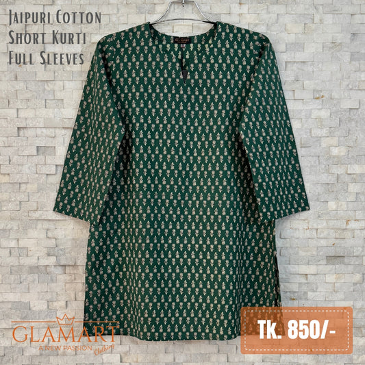 Jaipuri Cotton Full Sleeve Short Kurti - Dark Green Traditional Floral Print