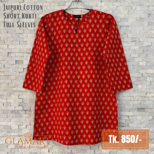 Jaipuri Cotton Full Sleeve Short Kurti - Vibrant Red Floral Buti Print