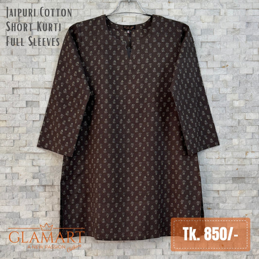 Jaipuri Cotton Full Sleeve Short Kurti - Coffee Brown Floral Buti Print