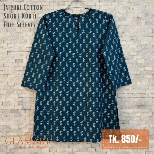 Jaipuri Cotton Full Sleeve Short Kurti - Teal Blue Floral Buti Print