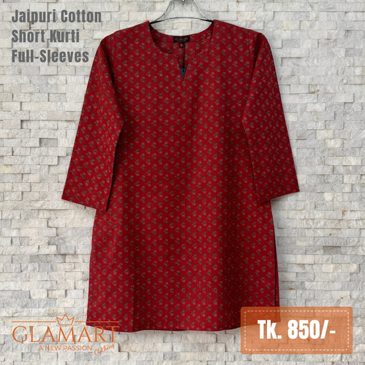 Jaipuri Cotton Full Sleeve Short Kurti - Maroon Floral Buti Print