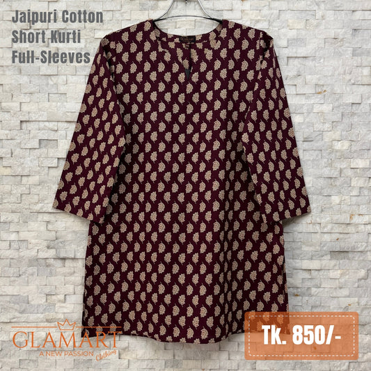 Jaipuri Cotton Full Sleeve Short Kurti - Dark Wine Leaf Print