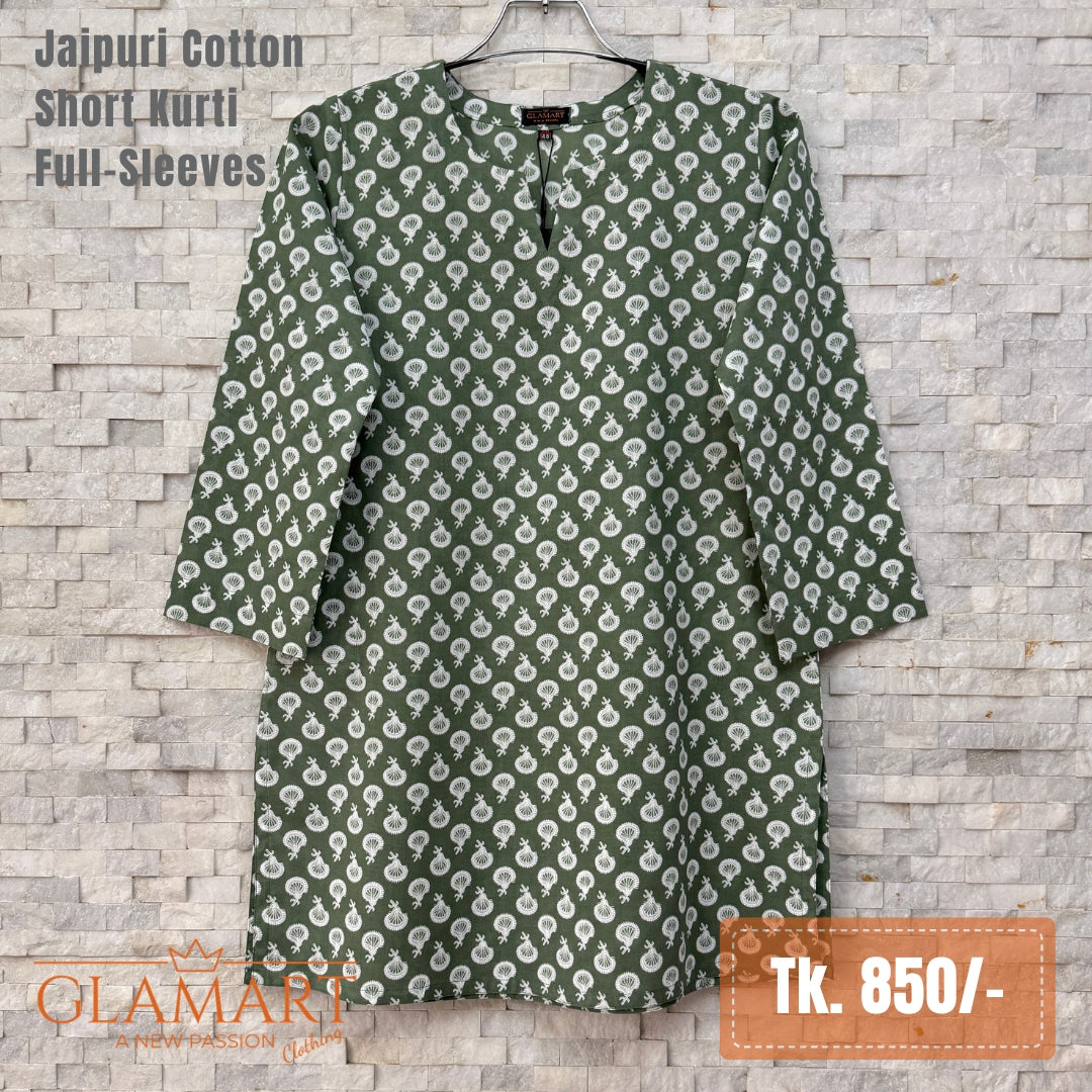 Jaipuri Cotton Full Sleeve Short Kurti - Sage Green Floral Print
