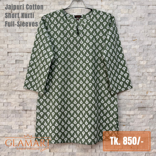 Jaipuri Cotton Full Sleeve Short Kurti - Sage Green Floral Print