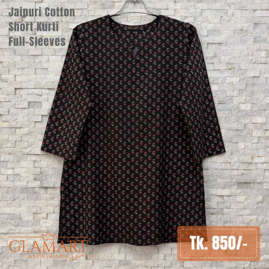 Jaipuri Cotton Full Sleeve Short Kurti - Black & Maroon Tiny Floral Print