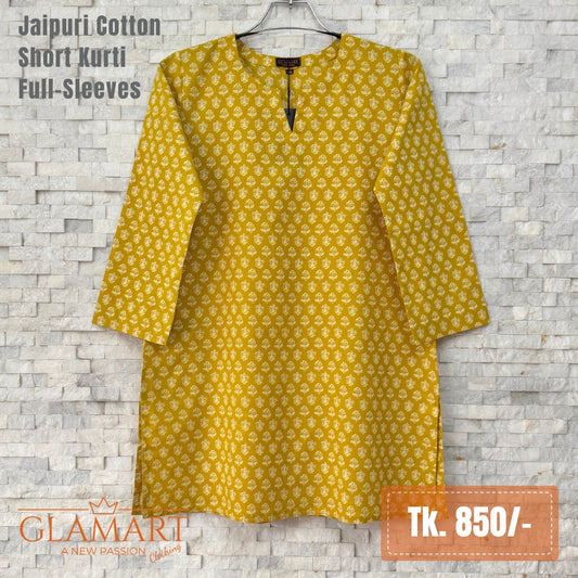 Jaipuri Cotton Full Sleeve Short Kurti - Mustard Yellow Leafy Floral Print