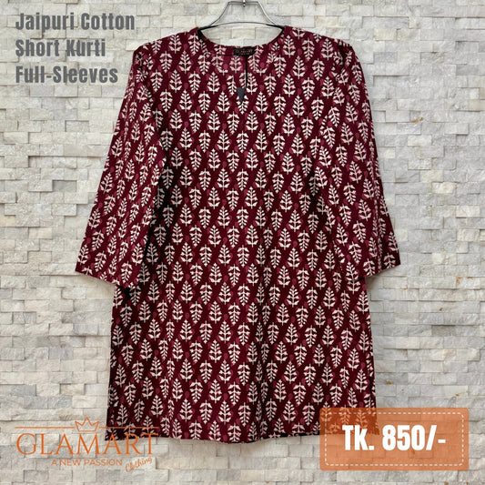 Jaipuri Cotton Full Sleeve Short Kurti - Maroon Off-White Floral Booti Print