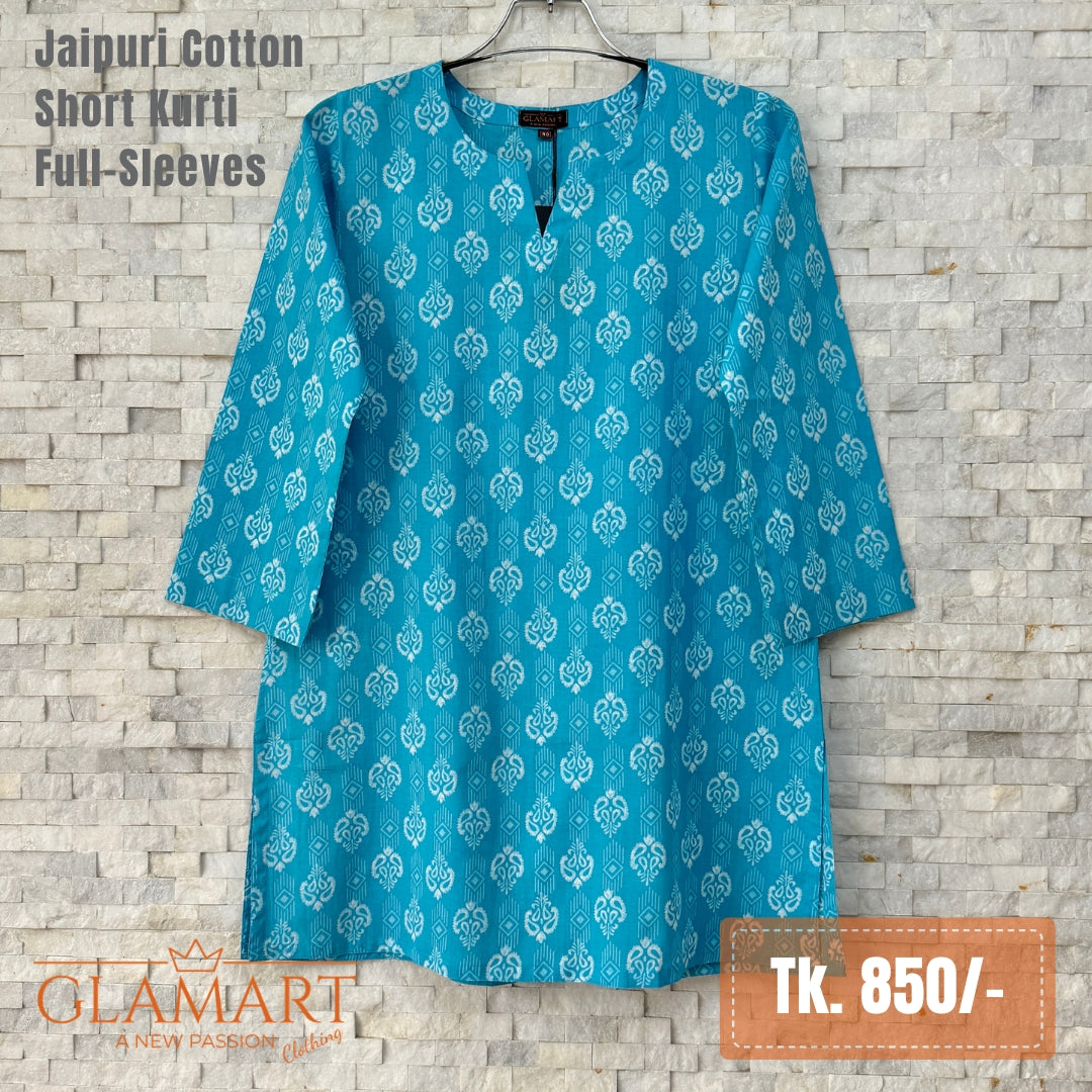 Jaipuri Cotton Full Sleeve Short Kurti - Sky Blue Ornamental Print
