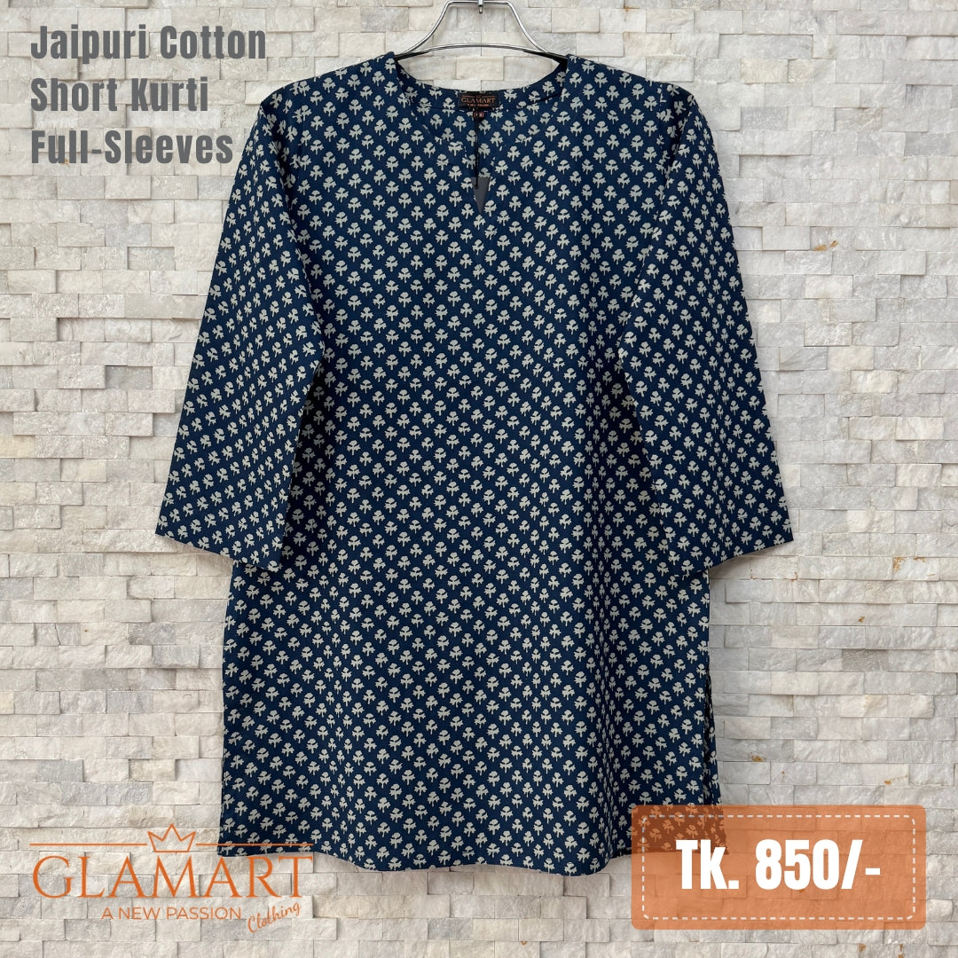 Jaipuri Cotton Full Sleeve Short Kurti - Navy Blue Tiny Floral | Glamart