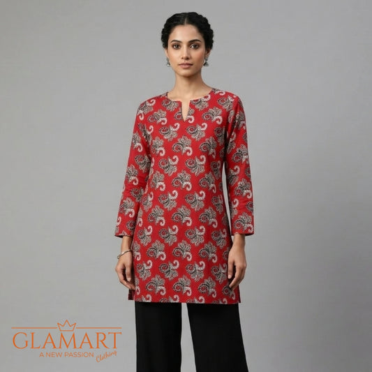 Jaipuri Cotton Full Sleeve Short Kurti - Red Floral Paisley | Glamart