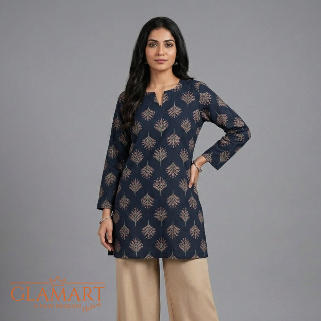 Jaipuri Cotton Full Sleeve Short Kurti - Navy Blue Tree Motif | Glamart