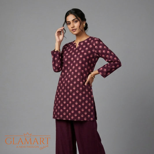 Jaipuri Cotton Full Sleeve Short Kurti - Burgundy Wine Floral | Glamart