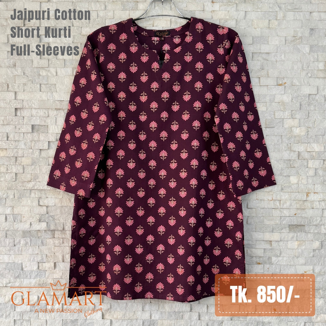 Jaipuri Cotton Full Sleeve Short Kurti - Burgundy Wine Floral | Glamart