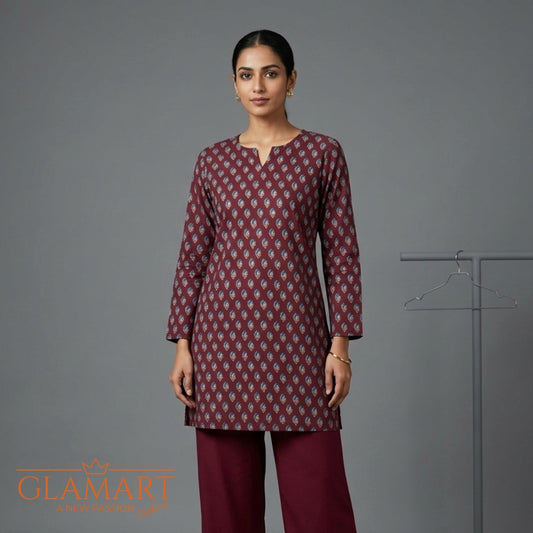 Jaipuri Cotton Full Sleeve Short Kurti - Deep Burgundy & Aqua Leafy Motif Print