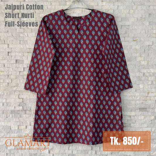 Jaipuri Cotton Full Sleeve Short Kurti - Deep Burgundy & Aqua Leafy Motif Print