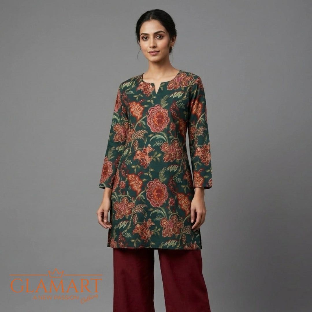 Jaipuri Cotton Full Sleeve Short Kurti - Dark Green & Rust Floral | Glamart