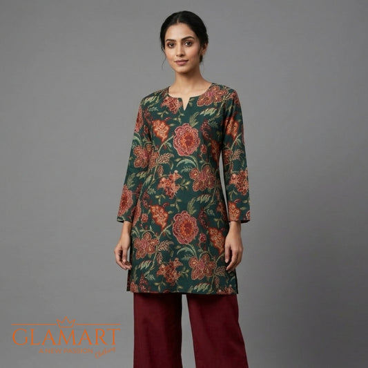 Jaipuri Cotton Full Sleeve Short Kurti - Dark Green & Rust Floral Print
