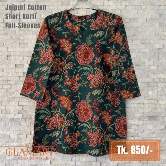 Jaipuri Cotton Full Sleeve Short Kurti - Dark Green & Rust Floral Print