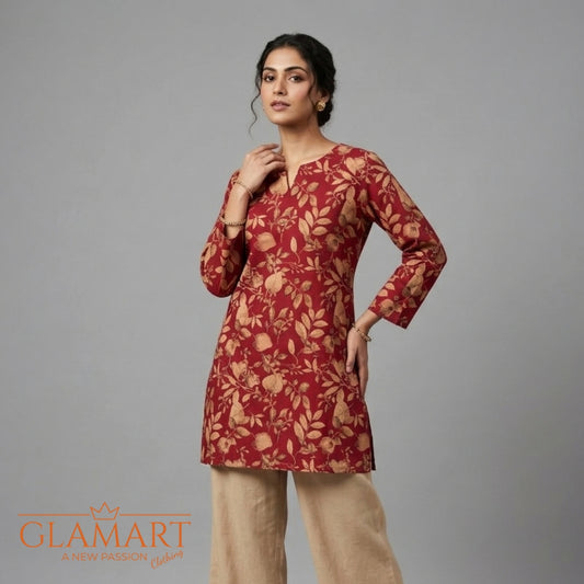 Jaipuri Cotton Full Sleeve Short Kurti - Maroon & Brown Floral Leafy Print