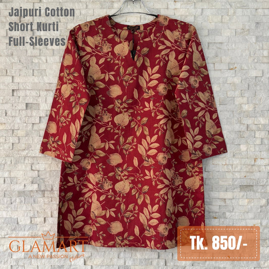 Jaipuri Cotton Full Sleeve Short Kurti - Maroon & Brown Floral Leafy Print
