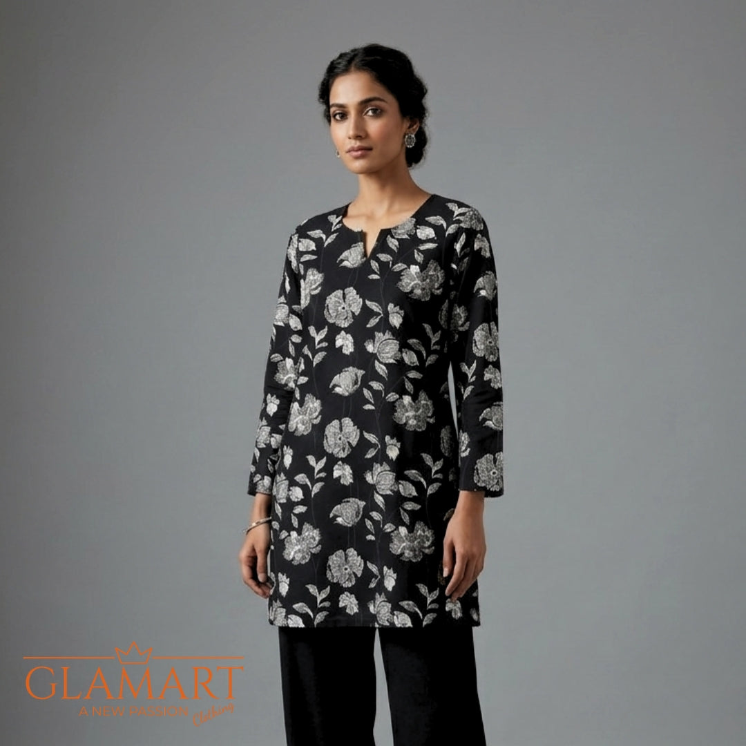 Jaipuri Cotton Full Sleeve Short Kurti - Black & White Floral | Glamart