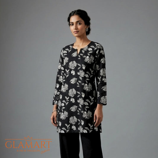 Jaipuri Cotton Full Sleeve Short Kurti - Black & White Floral Motif Print