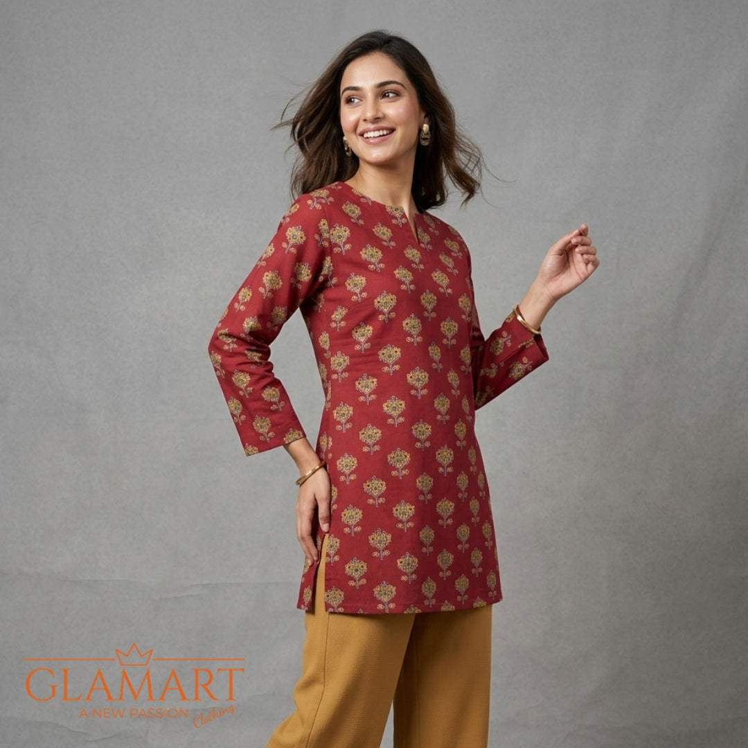 Jaipuri Cotton Full Sleeve Short Kurti - Maroon & Mustard Floral | Glamart