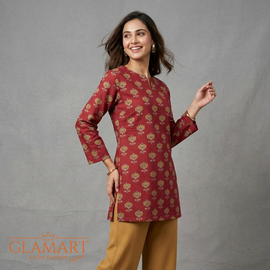 Jaipuri Cotton Full Sleeve Short Kurti - Maroon & Mustard Ethnic Motif Print