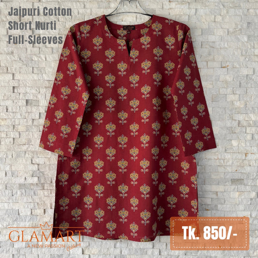 Jaipuri Cotton Full Sleeve Short Kurti - Maroon & Mustard Ethnic Motif Print