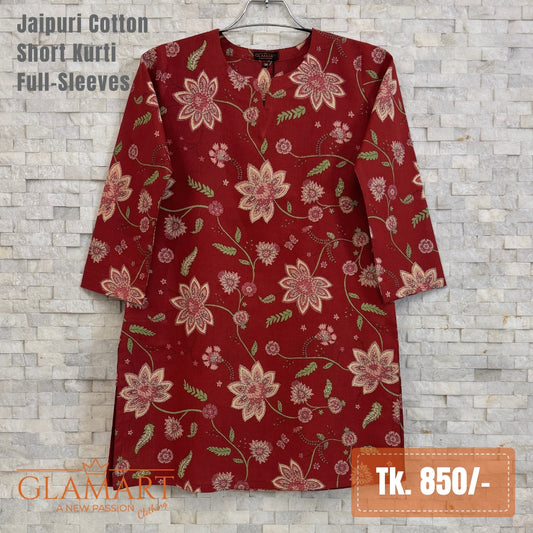 Jaipuri Cotton Full Sleeve Short Kurti - Red & Cream Floral | Glamart