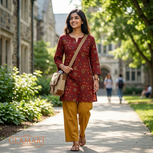 Jaipuri Cotton Full Sleeve Short Kurti - Maroon Red Floral Print
